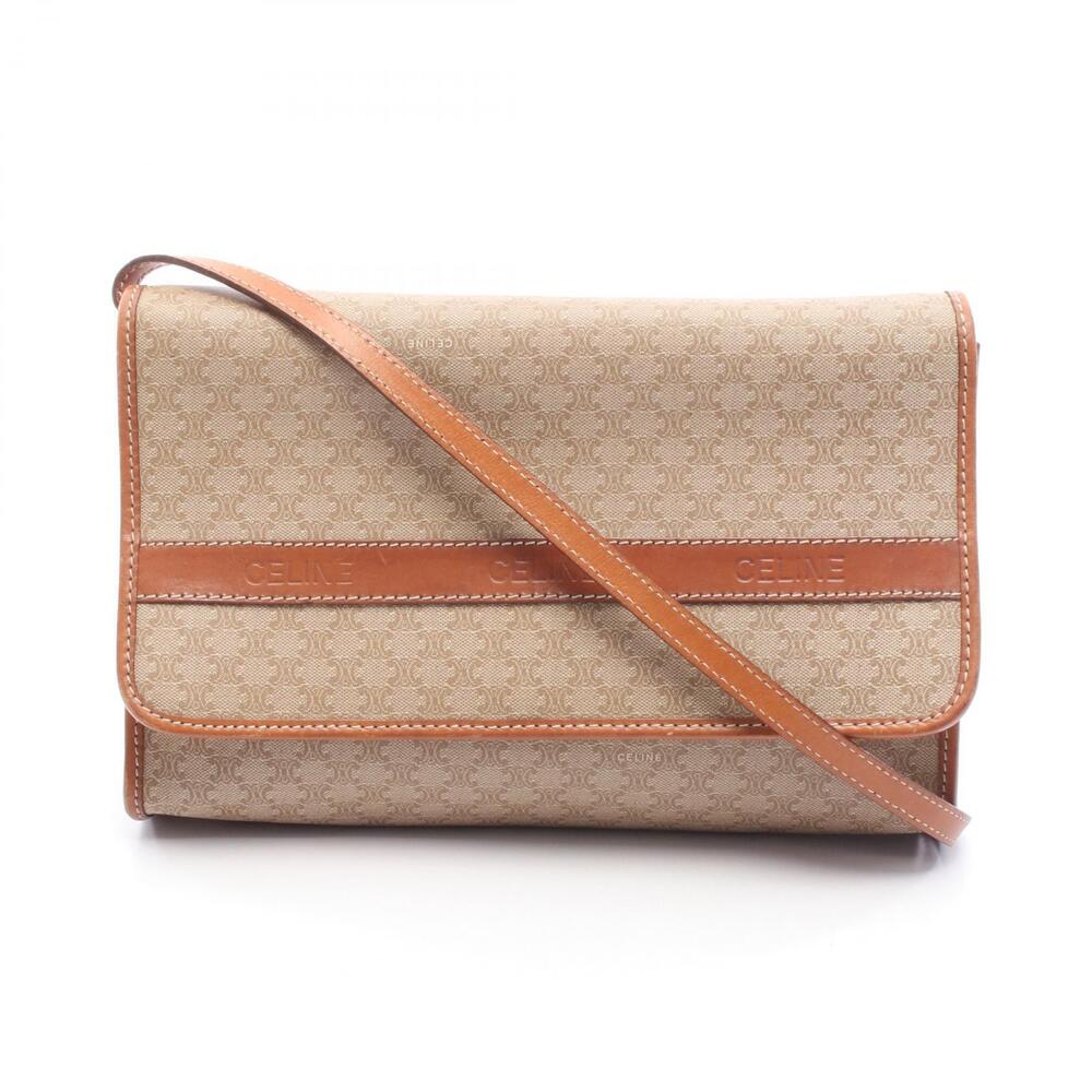 Celine Triomphe Shoulder Bag Canvas Leather Beige Tones Tan Brown